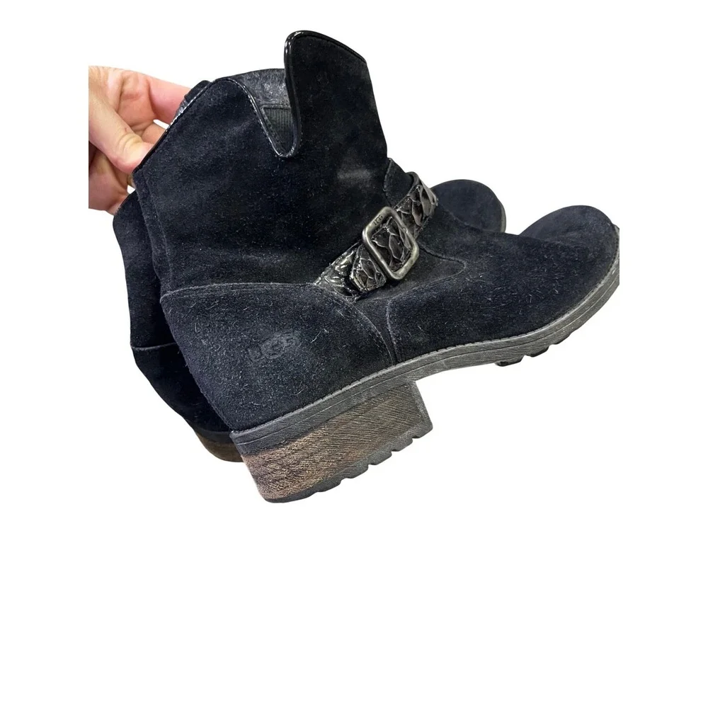 UGG Milner Ankle Boots Women's 8 Black Suede Wedge Moto Buckle‎ Side Zip Western